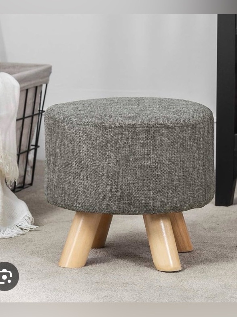 Gray Fabric Round Accent Stool with Wood Legs
